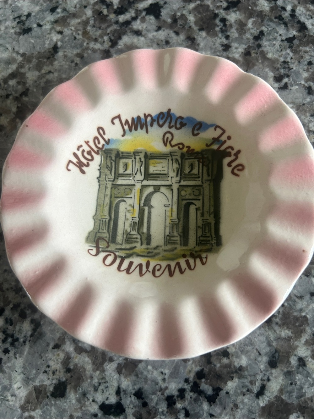 Souvenir Decorative Rimmed trinket dish from Rome Italy in Pink and Cream